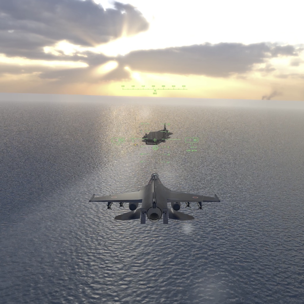 夕暮れの海上を空母へ進入する F-2 と、HUD の着艦誘導表示