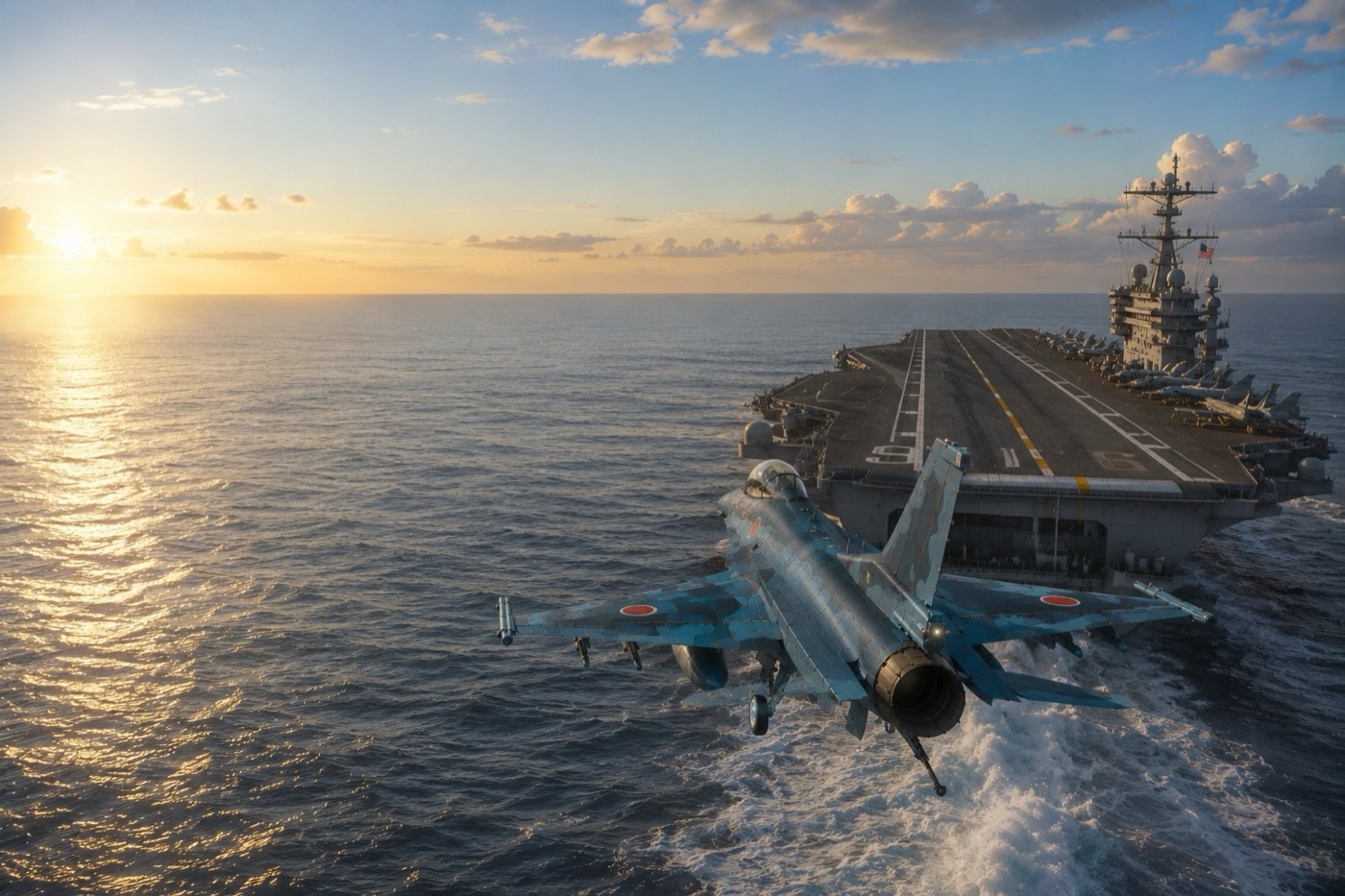 An F-2 in the groove behind the stern of a carrier under way