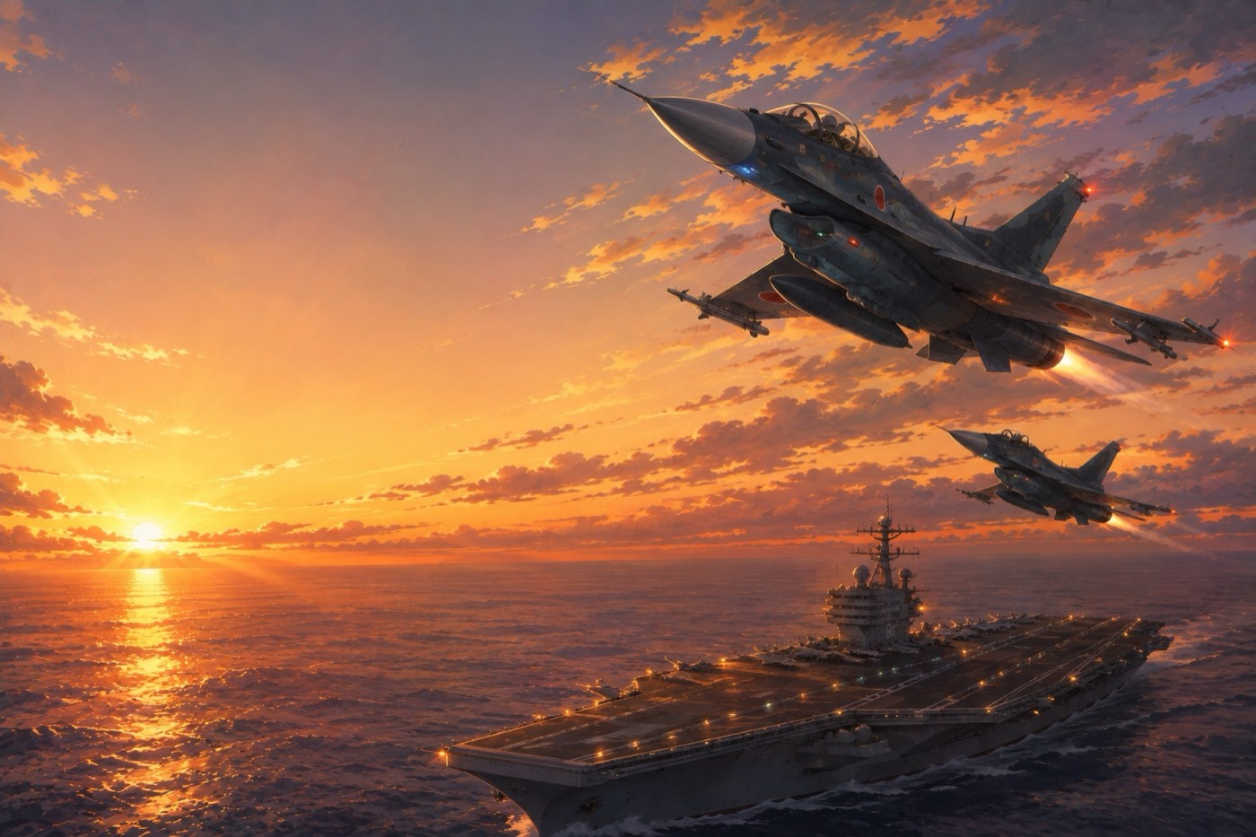 A formation of F-2s recovering to the carrier at dusk