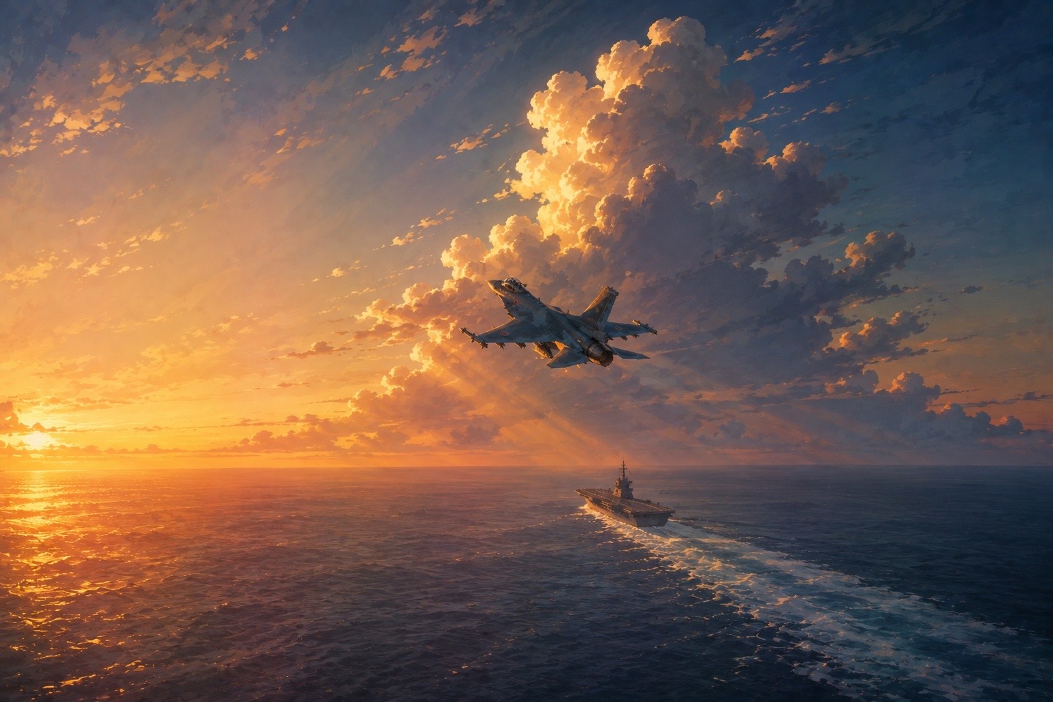 An F-2 climbing away over an evening sea, a carrier trailing a long white wake far below
