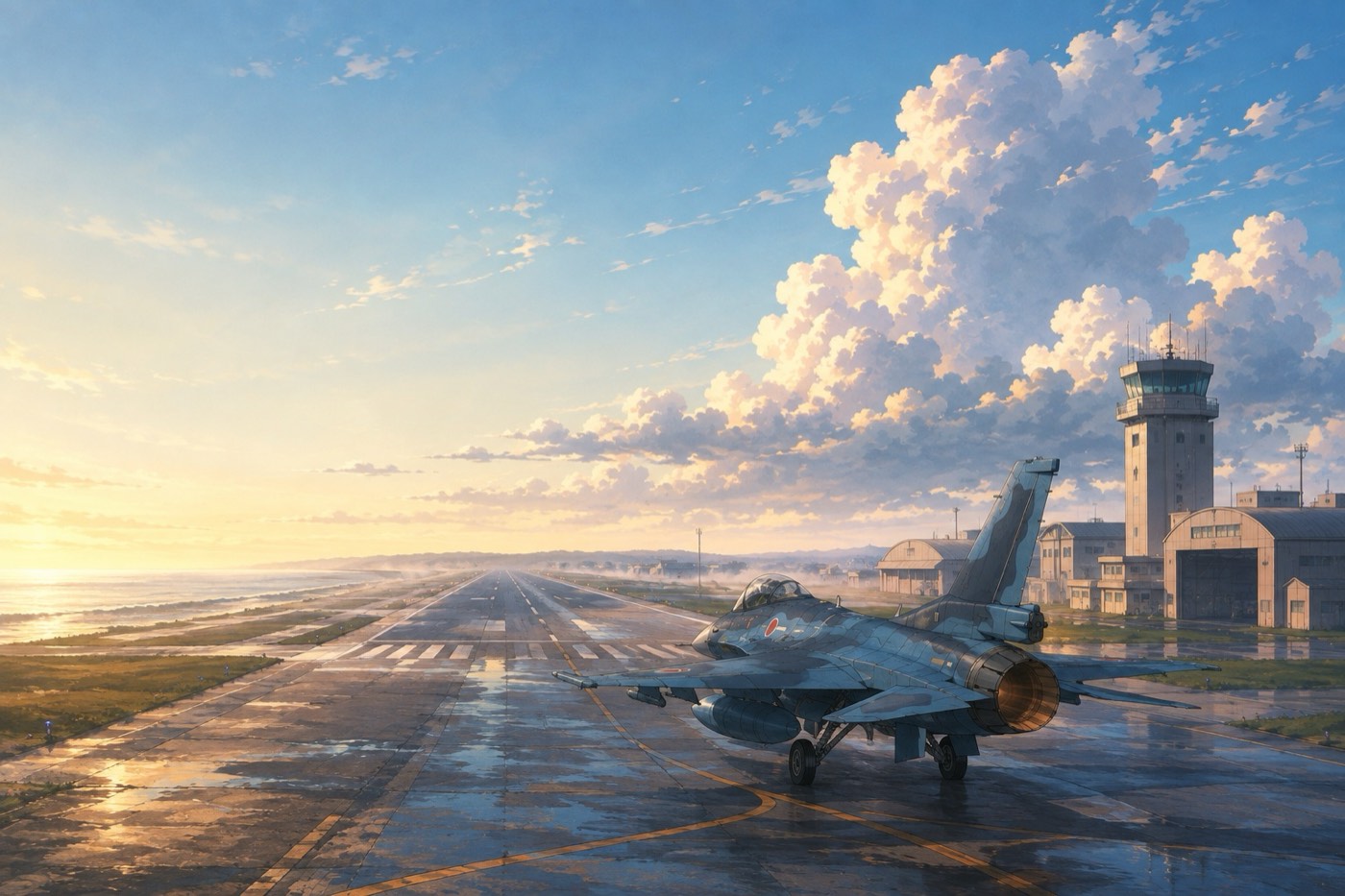 Morning at Matsushima Air Base — an F-2 on the apron beside the coastal runway, control tower behind