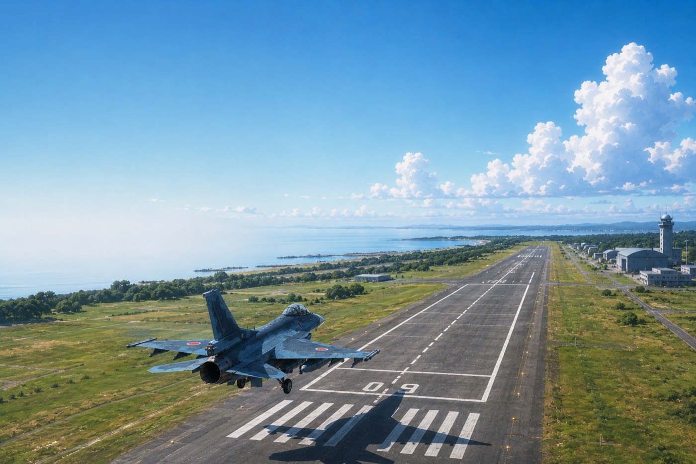 An F-2 on approach to a carrier deck outline painted on a runway