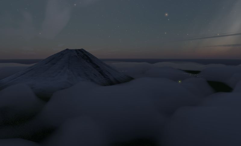 薄暮の富士山。眼下を埋め尽くす雲海の上に山頂だけが黒く突き出し、星の出た空へ稜線が伸びる