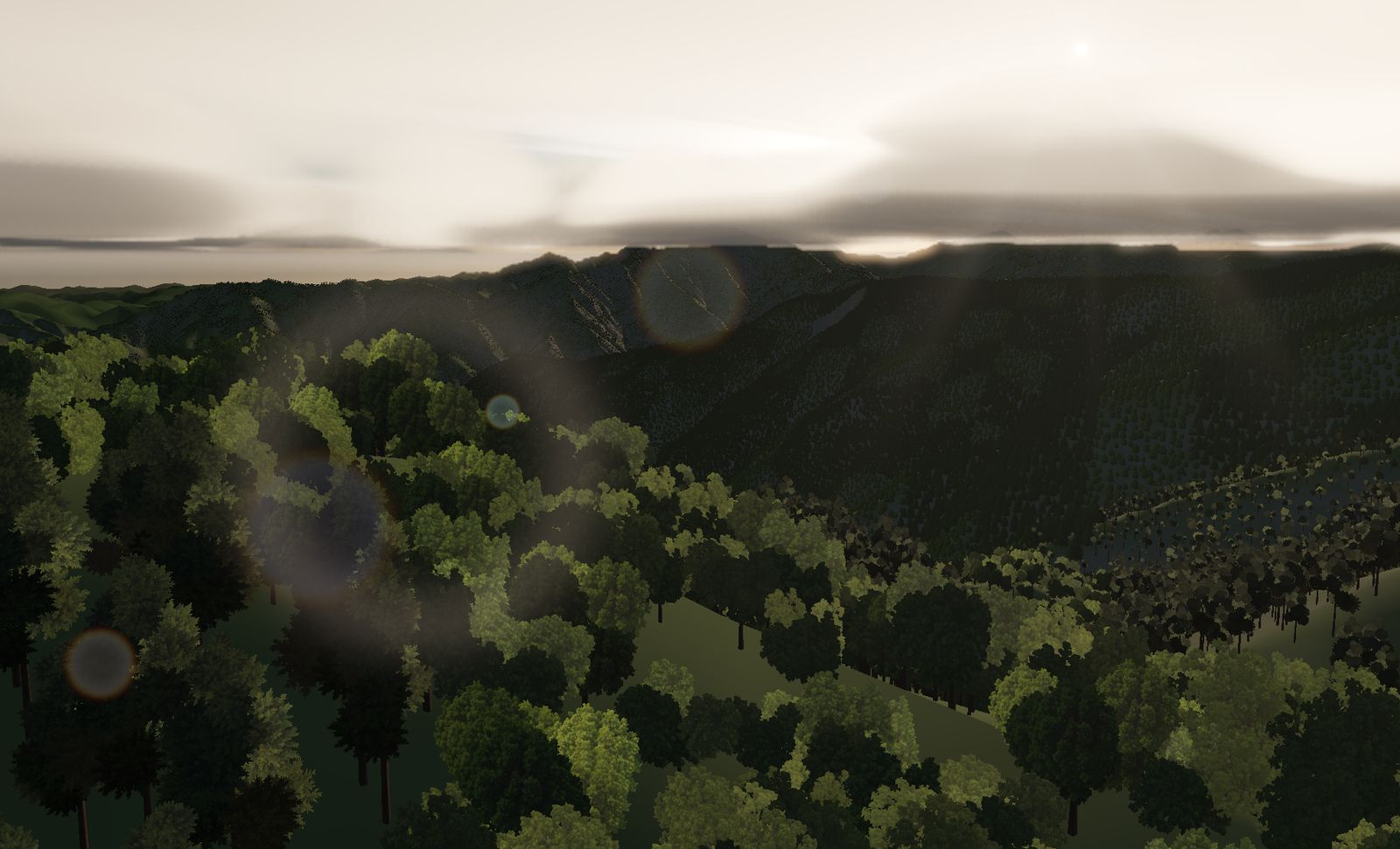 The Southern Alps in morning haze, layer upon layer of forested ridges with a backlit skyline fading into the light